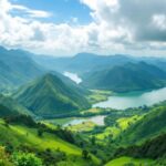 Lanskap alam indah di Indonesia dengan bukit hijau.