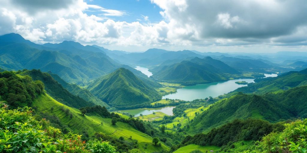 Lanskap alam indah di Indonesia dengan bukit hijau.