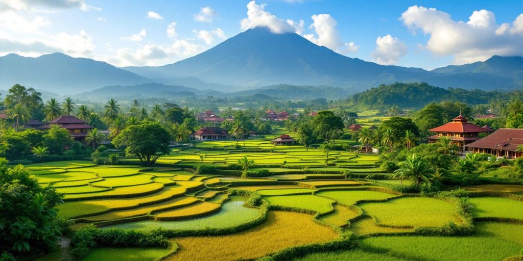 Pemandangan luas Jawa Timur dengan sawah dan gunung.