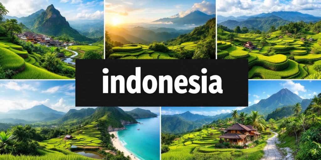 Kolase foto pemandangan indah Indonesia yang beragam.